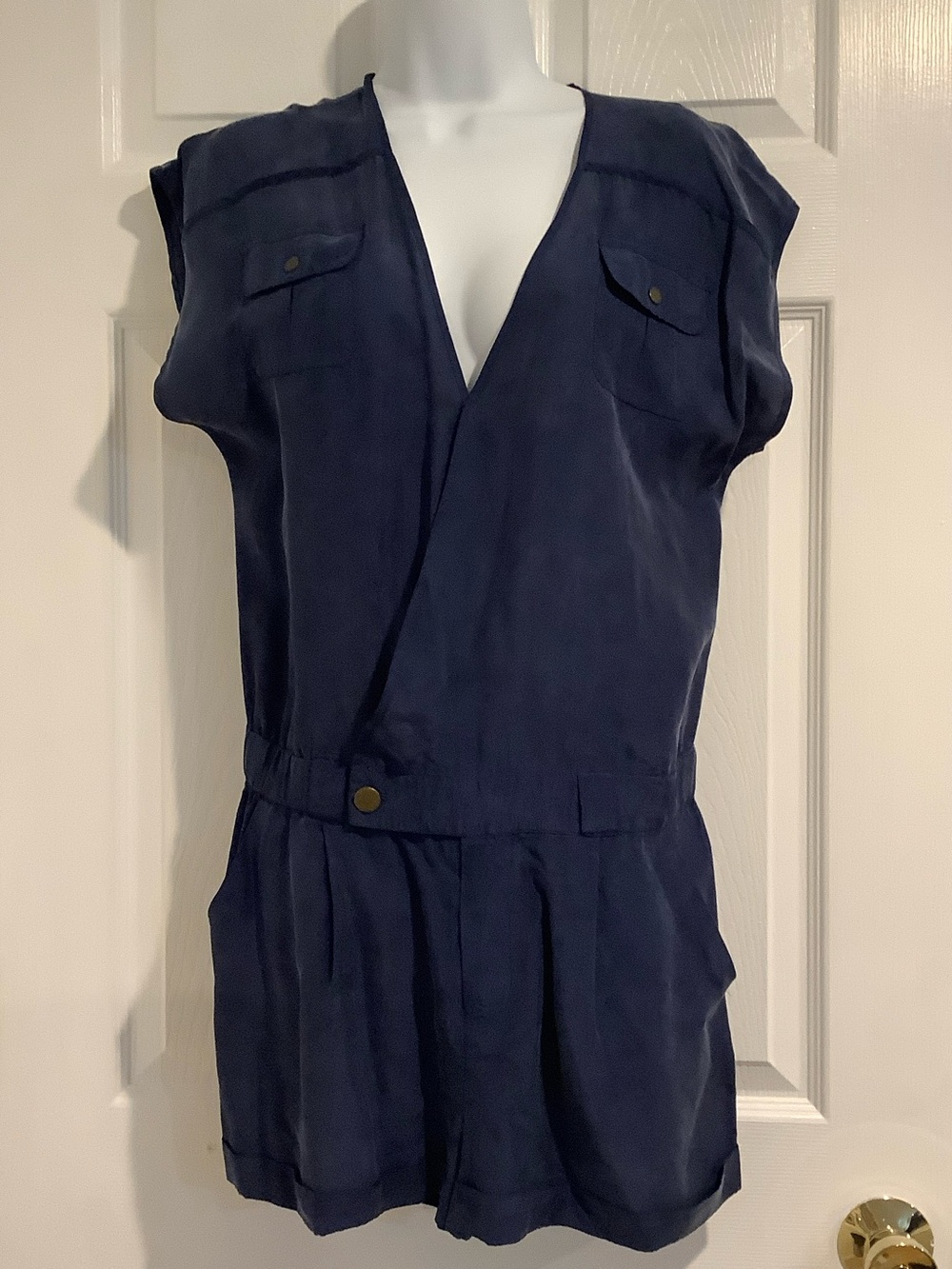 FOREVER TWENTYONE 100% Silk Blue Deep V Neck Nautical Coastal Resort Romper S